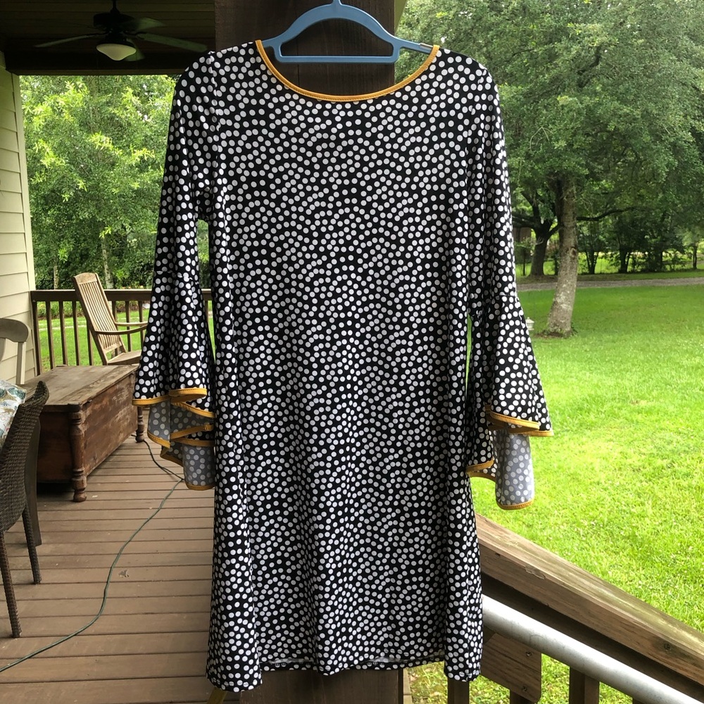 MSK Black and White Polka Dot Dress Medium with Bell Flared Semi- Long Sleeves